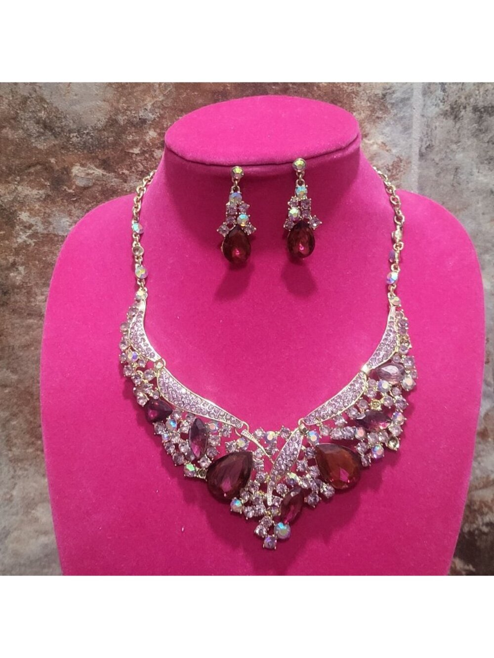 Amethyst Rhinestone Statement Necklace Dangle Earrings Set Gold Tone Wedding Pro